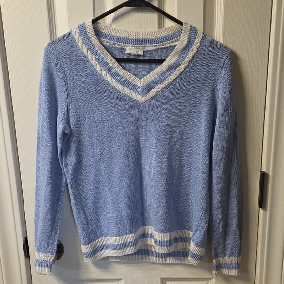 Talbots Sweaters - Talbots Light Blue and White V-Neck Sweater